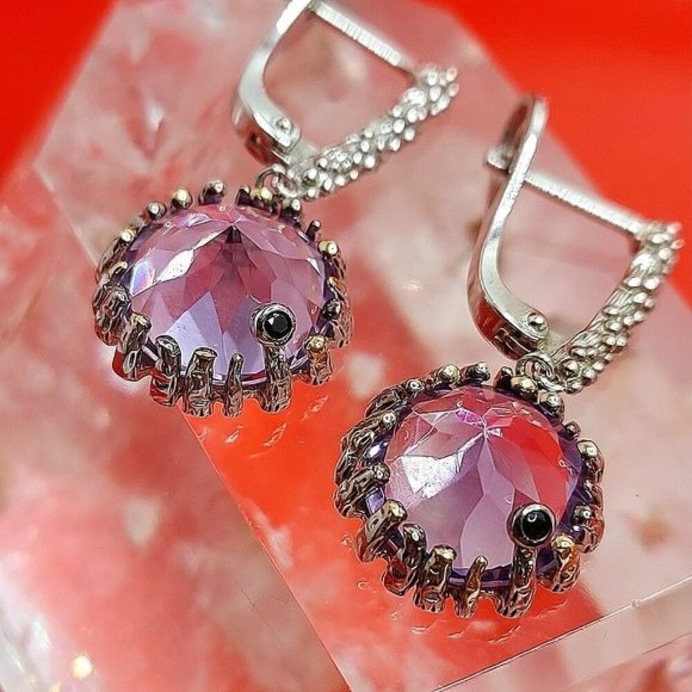 Natural Purple Amethyst 11mm & Black Spinel 925 Sterling Silver Earrings